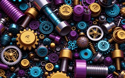 4k, 기계적인 3d 배경, 금속 부품, 스프링, 나사, 볼트, 기어, 기계적 패턴, 메커니즘, 혼란스러운 위치