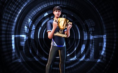 Bugha Fortnite, 4k, blue spiral background, Fortnite, creative, Bugha Skin, Fortnite Bugha Skin, Bugha, Fortnite characters