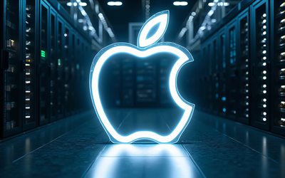 4k, apple blaues neon logo, bokeh, elektronikmarken, racks für rechenzentren, kunstwerk, apple logo, dunkelheit, markenlogo, apple neon logo, apfel, marken, leuchtendes apple logo