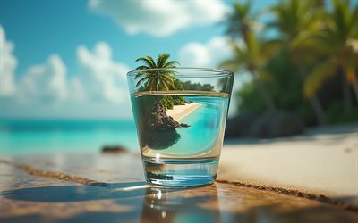 isola nel bicchiere, isole tropicali, concetti di viaggio estivi, palme, oceano, concetti di vacanza, spiaggia, concetti di viaggio, viaggio estivo 2026