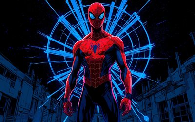 homme araignée, 4k, rayons de néon bleus, super héros, marvel bandes dessinées, obscurité, illustrations de spider man, oeuvre d'art, spider man 4k
