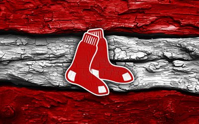 logo in legno dei boston red sox, 4k, fondo di legno bianco rosso, mlb, baseball, logo dei boston red sox, emblema dei boston red sox, squadra di baseball americana, boston red sox
