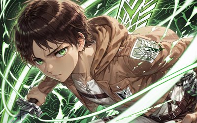 Eren Jaeger, 4k, green neon rays, sword, Attack on Titan, green eyes, manga, Shingeki no Kyojin, anime characters, protagonist, Attack on Titan characters, Eren Jaeger Attack on Titan