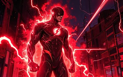 4k, 플래시, 밤, 추상 미술, 빨간 조명, 슈퍼 히어로, dc 코믹스, 야경, 플래시 아트, 팬 아트, 플래시 4k