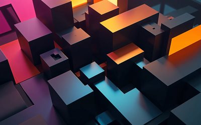metal 3d rakamlar, 4k, karanlık 3d arka plan, yaratıcı, küpler, 3 boyutlu desenler, 3 boyutlu arka planlar, geometrik şekiller, geometri, karanlık soyut arka planlar