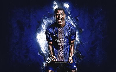 nuno mendes, psg, calciatore portoghese, sfondo di pietra blu, arte del grunge, paris saint germain, lega 1, francia, calcio