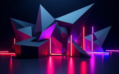 4k, chiffres 3d, rayons de néon colorés, fond 3d sombre, créatif, pyramides, arrière plans 3d, formes géométriques, géométrie, arrière plans abstraits sombres, figures géométriques