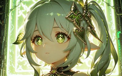 4k, ナヒダ, 緑色のネオン, 暗闇, 原神, 緑の目, 肖像画, 主人公, マンガ, 原神の登場人物, アートワーク, ナヒダ原神インパクト