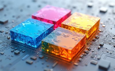 microsoft 3d värilogo, 4k, harmaa teknologian tausta, microsoft värillinen logo, microsoftin tunnus, microsoftin logo, windows logo, windows 11 logo, 3d windows logo, windows