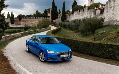 los sedanes de 2016, Audi A4 TFSI Quattro, carretera, azul escuchar