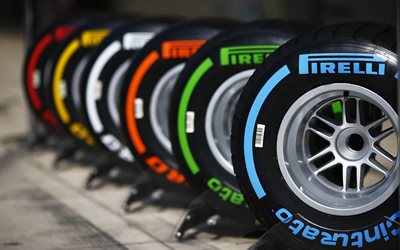 La fórmula 1 de los neumáticos, Pirelli, Fórmula 1, P Zero Rojo, suavísimo, P Zero Amarillo suave, el P Zero Blanco medio, el P Zero Naranja duro, el Cinturato Verde intermedio, Cinturato Azul, húmeda completa