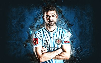 Steven Ugarkovic, Melbourne City FC, Australian footballer, blue stone background, grunge art, football, A-League, Steven Ugarkovic Melbourne City, Australia