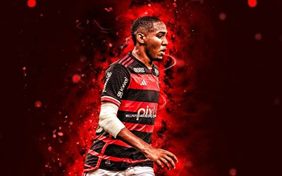 lorran, 4k, luzes de neon vermelhas, flamengo fc, serie brasileira a, jogadores de futebol brasileiros, lorran 4k, futebol, lorran lucas pereira de sousa, flamengo rj, lorran flamengo