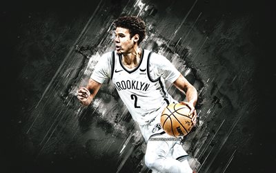 Cameron Johnson, Brooklyn Nets, American basketball player, white stone background, grunge art, NBA, USA, basketball, Johnson Brooklyn Nets