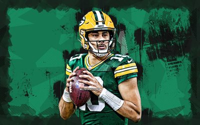 4k, Jordan Love, green grunge background, Green Bay Packers, NFL, American football players, Jordan Love 4K, American football, National Football League, Jordan Love Green Bay Packers
