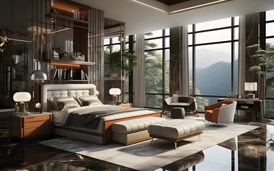 intérieur élégant moderne, chambre à coucher, maison de campagne, projet de chambre à coucher, mobilier de chambre moderne, maison dans les montagnes, intérieur pour la chambre