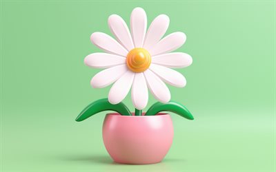 camomilla 3d, 4k, bokeh, cielo blu, fiori estivi, margherite, fiori bianchi, bellissimi fiori, camomilla, daisy comune, estate