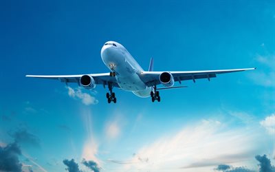 aereo passeggeri nel cielo, viaggi aerei, aereo passeggero bianco, cielo, traffico aereo, viaggio in aereo