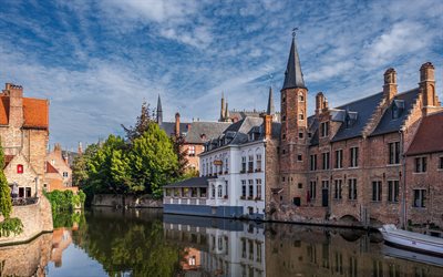 Bruges, evening, sunset, summer, canal, Bruges cityscape, West Flanders, Belgium, Flemish Region