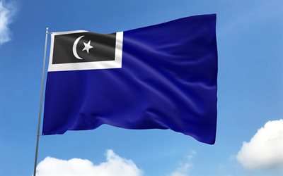 علم مقاطعة كيمان على سارية العلم, 4k, تيرينغانو, المناطق الماليزية, السماء الزرقاء, علم منطقة كيمامان, أعلام الساتان المتموج, علم مقاطعة كيمان, مناطق ماليزيا, يوم مقاطعة كيمامان, ماليزيا, مقاطعة كيمامان