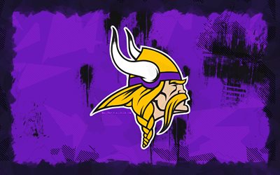 minnesota vikings grunge logosu, 4k, nfl, violet grunge arka plan, amerikan futbolu, minnesota vikings amblemi, minnesota vikings logosu, amerikan futbol takımı, minnesota vikings