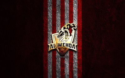 Al Wehda FC golden logo, 4k, red stone background, Saudi Professional League, Saudi football club, Al Wehda FC logo, football, Al Wehda FC emblem, Al Wehda FC, soccer, Al-Wehda FC, Al Wehda