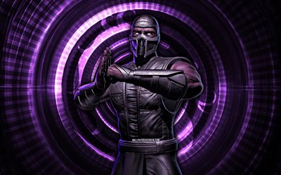 noob saibot, 4k, fondo espiral violeta, móvil mortal kombat móvil, creativo, kombat mortal, noob saibot mk mobile, personajes de mortal kombat