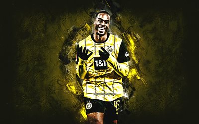Gittens Jamie, Borussia Dortmund, English footballer, BVB, yellow stone background, grunge art, Bundesliga, Germany, football, Jamie Jermaine Bynoe-Gittens
