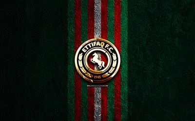 Al-Ettifaq FC golden logo, 4k, green stone background, Saudi Professional League, Saudi football club, Al-Ettifaq FC logo, football, Al-Ettifaq FC emblem, Ettifaq FC, Al-Ettifaq FC, soccer, Ettifaq Club