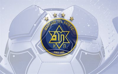 Maccabi Tel Aviv glossy logo, 4K, blue football background, Ligat HaAl, soccer, Israeli football club, Maccabi Tel Aviv emblem, Maccabi Tel Aviv, football, Israeli Premier League, Maccabi Tel Aviv logo, Maccabi Tel Aviv FC