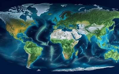 mapa del mundo natural, 4k, topografía, mapa del mundo topográfico, tierra, mapas mundiales, conceptos de ecología