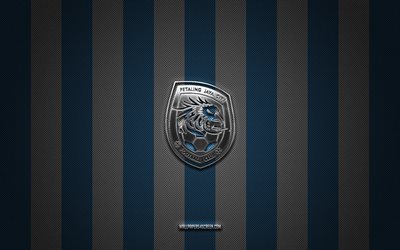 logo fc di petaling jaya city fc, team di calcio malesi, malesia super league, background di carbonio bianco blu, emblema fc di petaling jaya city fc, calcio, petaling jaya city fc, malaysia