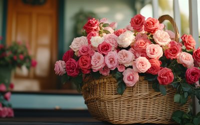 sepet gül, pembe güller, buket pembe gül, güzel çiçekler, gül gülleri, çiçekli sepet