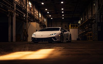 lamborghini huracan performante, 4k, supercars, 2023 voitures, usine, lamborghini blanche huracan, phares, 2023 lamborghini huracan, voitures italiennes, lamborghini