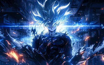 4k, Son Goku, street, Dragon Ball, blue fire flames, Son Goku Dragon Ball characters, Japanese manga, Dragon Ball Super, DBS characters, Son Goku DBS