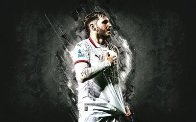 Santiago Gimenez, AC Milan, Mexican football player, white stone background, grunge art, Serie A, Italy, football, Santiago Gimenez Milan