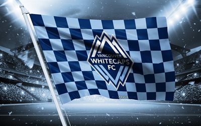4k, vancouver whitecaps fc logo, club di calcio canadese, flag di stadio, vancouver whitecaps fc flag, bandiera bianca blu, vancouver whitecaps fc emblem, mls, usa, vancouver whitecaps, calcio, vancouver whitecaps fc