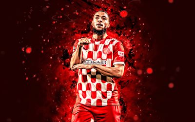 4k, arnaut danjuma, celebración personal, girona fc, la liga, futbolistas holandeses, luces de neón rojo, arnaut danjuma 4k, fútbol americano, fútbol, laliga, arnaut danjuma girona