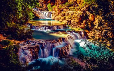 4k, dağ nehri, kanyon, akşam, gün batımı, dağlar, nehir, kum kayalıkları, arizona, amerika, nehir ile dağ manzarası