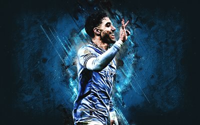 Omar Marmoush, Manchester City FC, Egyptian footballer, blue stone background, grunge, Premier League, England, Omar Khaled Mohamed Marmoush, Man City
