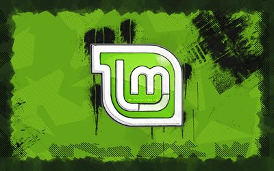 linux mint grunge logo, 4k, marcas de sistema operacional, fundo grunge verde, linux, obra de arte, logotipo do linux mint, logotipo de marcas, linux mint, marcas