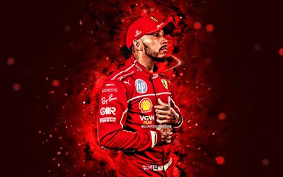 4k, lewis hamilton, scuderia ferrari, formel 1, rote neonlichter, britische rennfahrer, lewis hamilton 4k, formel eins, f1, lewis hamilton ferrari