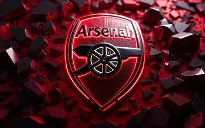 4k, Arsenal FC metal logo, stone 3D background, darkness, Premier League, soccer, Arsenal FC logo, red neon lights, Arsenal FC glowing logo, english football team, Arsenal FC 3D logo, Arsenal FC emblem, Arsenal FC