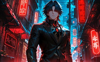 blad, 4k, natt, gata, honkai star rail, röda neonskyltar, anime karaktärer, manga, honkai star rail karaktärer, stellaron hunters, blade honkai star rail