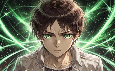 Eren Jaeger, 4k, green neon rays, galaxy, Attack on Titan, green eyes, manga, Shingeki no Kyojin, anime characters, protagonist, Attack on Titan characters, Eren Jaeger Attack on Titan