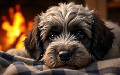 4k, cachorro de perro pastor bergamasco, lindo perro, bokeh, hogar, manta a cuadros, animales lindos, de cerca, cachorros, perros, bozal, perro pastor bergamasco, mascotas, perro en manta