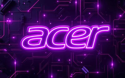 4k, logotipo neon roxo da acer, bokeh, escuridão, fundos roxos de alta tecnologia, logotipo do vidro acer, logotipo 3d da acer, obra de arte, logotipo brilhante da acer, logotipo da acer, marcas de eletrônicos, acer