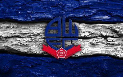 Bolton Wanderers FC wooden logo, 4k, blue white wooden background, League One, soccer, Bolton Wanderers FC logo, football, Bolton Wanderers FC emblem, Bolton Wanderers FC, english football club, Bolton Wanderers