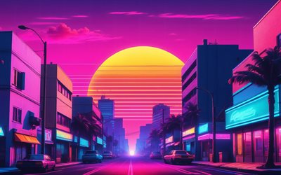 paisaje urbano abstracto, 4k, sol, calle, arte de microondas, sintetizador futuro, creativo, microondas, fondos abstractos del paisaje urbano, paisajes urbanos de microondas, paisajes urbanos abstractos