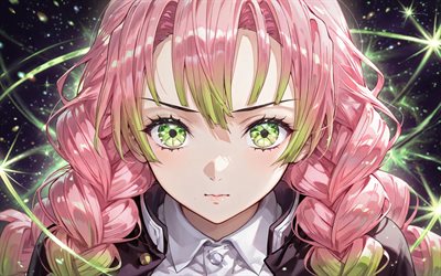 Mitsuri Kanroji, 4k, night, green neon rays, Demon Slayer, stars, protagonist, pink hair, Demon Slayer Kimetsu no Yaiba, manga, Kanroji Mitsuri, Demon Hunter, Mitsuri Kanroji Kimetsu no Yaiba